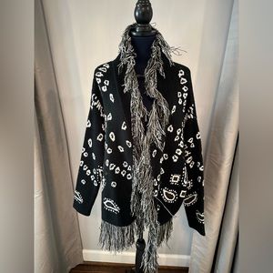 NWOT Cotton Emporium Black and White Fringe Open Cardigan
